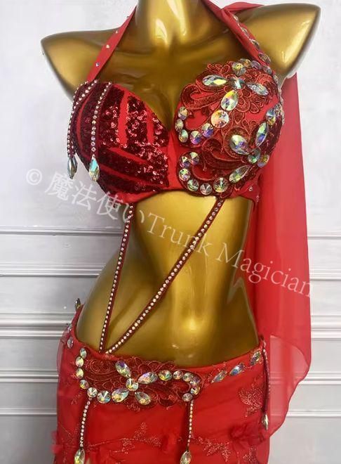  ベリーダンス オリエンタル衣装 レース レッド ブラスカート オーダーメイド セットアップ ベリーダンス