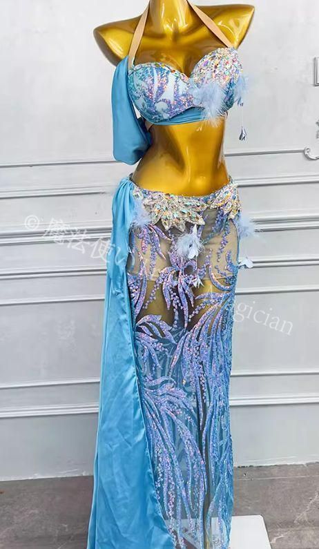 ♥ ベリーダンス オリエンタル衣装 透けます 水色ブラ スカート オーダーメイド