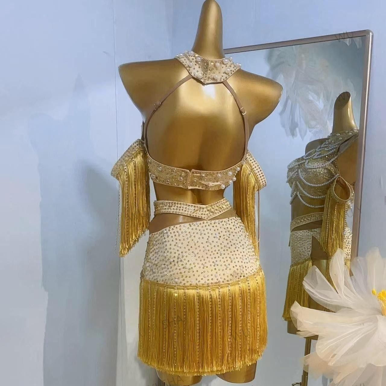 ラテンダンス衣装 ドレス ダンス衣装 子供～大人までオーダー可 ステージ用 競技用 セット 流蘇パールドレス ゴールド カスタムオーダー可