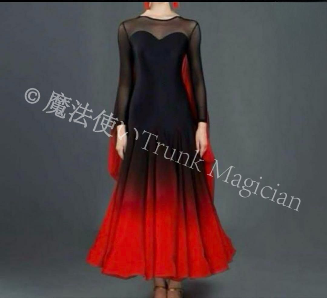 ♥ ♥黒赤のクラーデション 社交ダンスドレス フロート付き ワルツモダンダンス衣装 撮影会 舞台 イベント