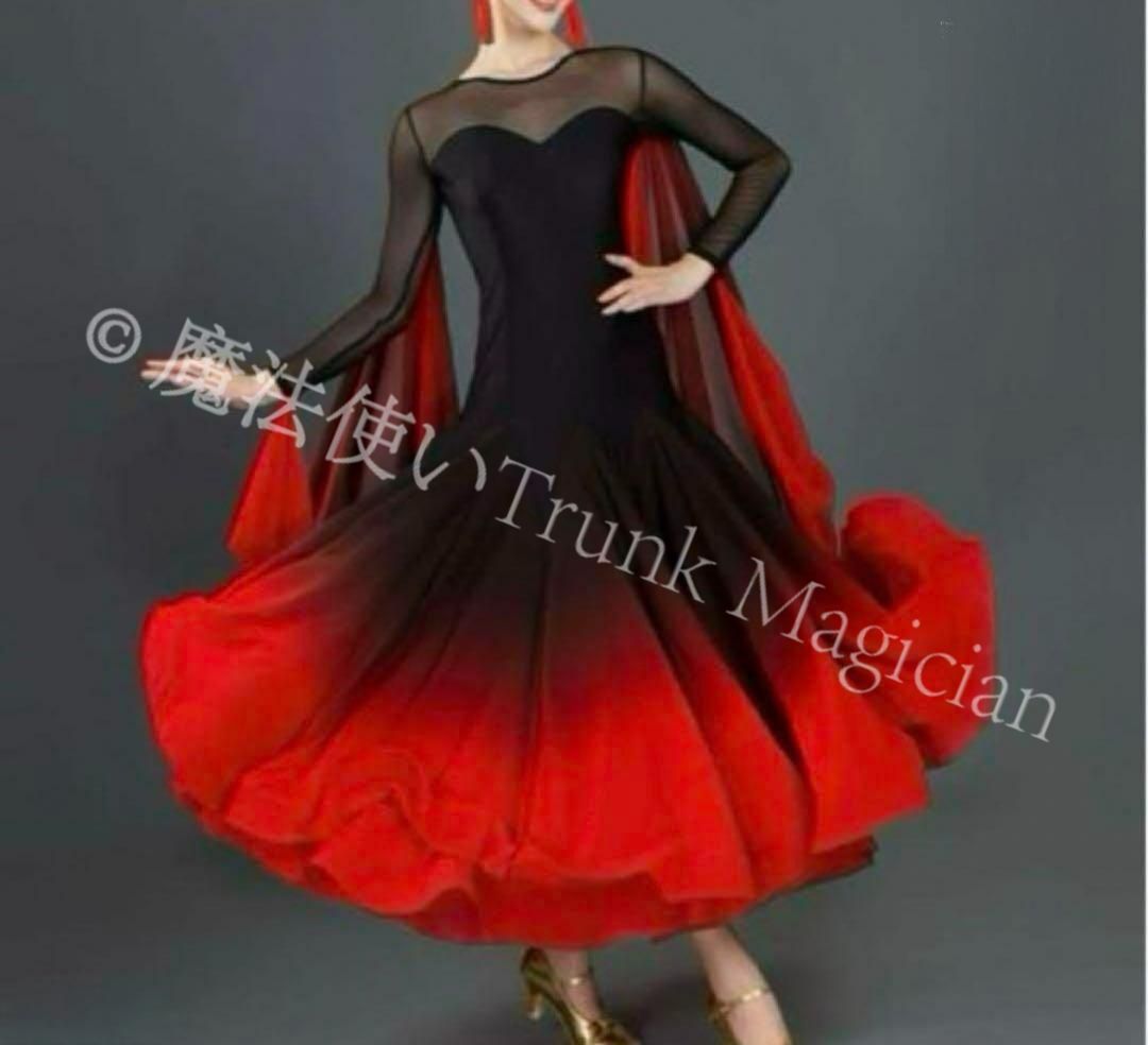 黒赤のクラーデション 社交ダンスドレス フロート付き ワルツモダンダンス衣装 撮影会 舞台 イベント