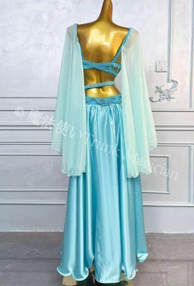 ベリーダンス衣装 ブラベルトスカートセット フ スリーブ 水色 オーダーメイド