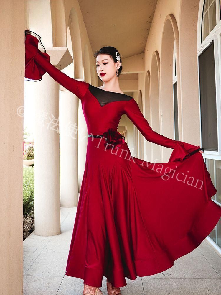 ♥ 黒赤ダンスドレス 社交 モダンダンスドレス ワンピース ダンス洋服 撮影会 舞台 イベント