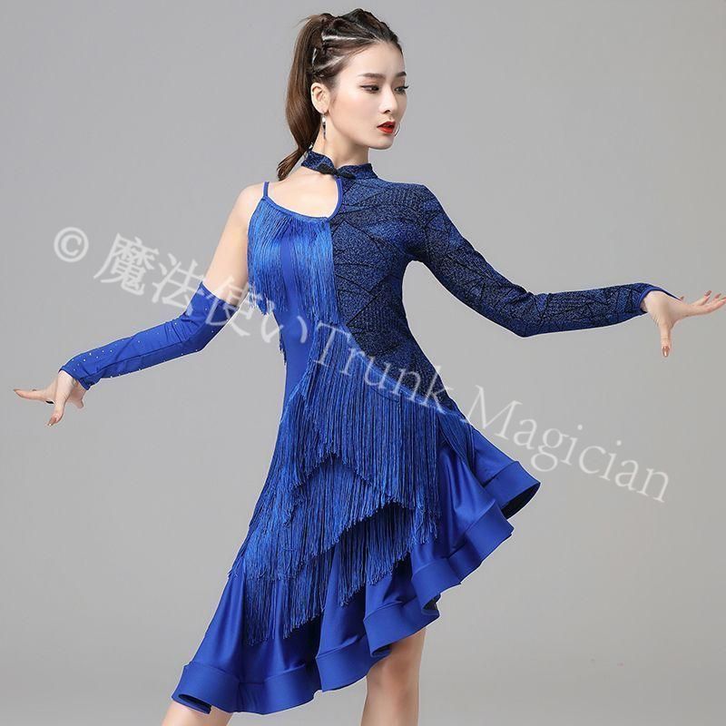 新品未使用】高級ラテンダンス衣装 フリンジワンピース 宝藍 ゴールド