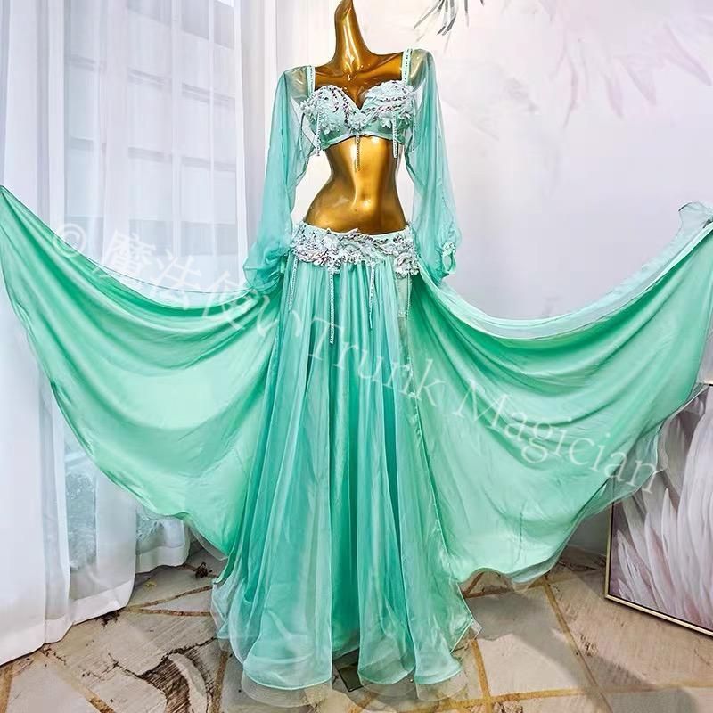 イズ ベリーダンス衣装 ブラベルトスカートセット 東方風 ベリーダンス ブラジャーと魚尾スカート スパンコールビーズ刺繍 舞台用 2 選択