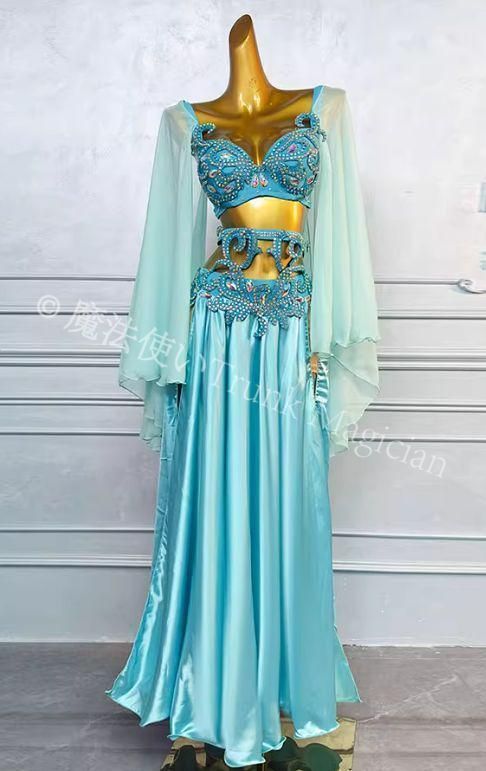 ベリーダンス衣装 ブラベルトスカートセット フ スリーブ 水色 オーダーメイド