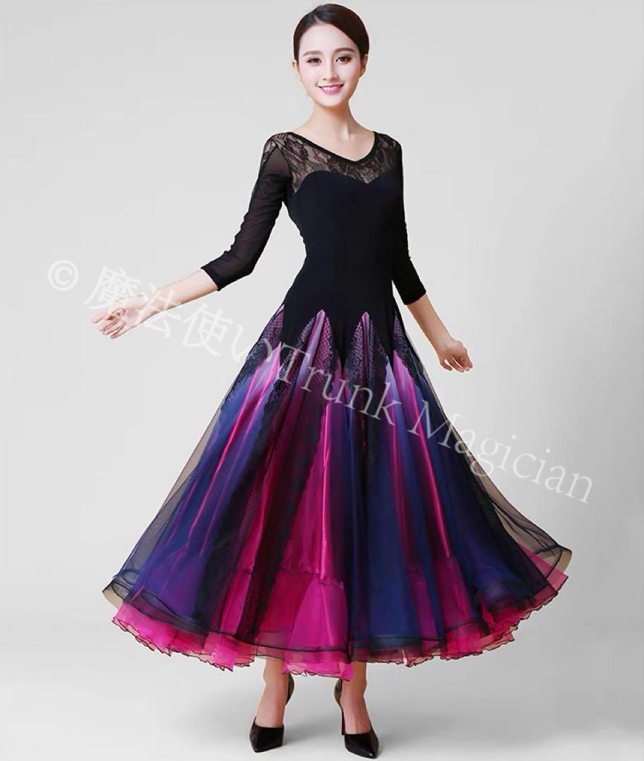 20社交ダンスドレス ドレス 黒×ローズレッド 発表会や にも