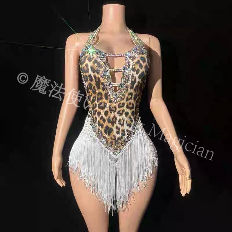 フリンジ＆チェーン ボディスーツ 歌手 ステージ衣装 パフォーマンスウェア シルバー レオパード柄