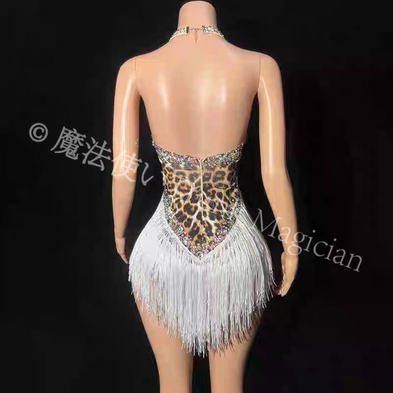 フリンジ＆チェーン ボディスーツ 歌手 ステージ衣装 パフォーマンスウェア シルバー レオパード柄