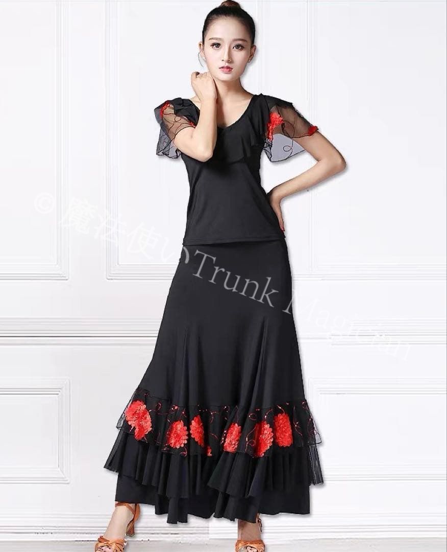 黒×赤花の華やか社交ダンス練習着 やフラメンコの練習にも