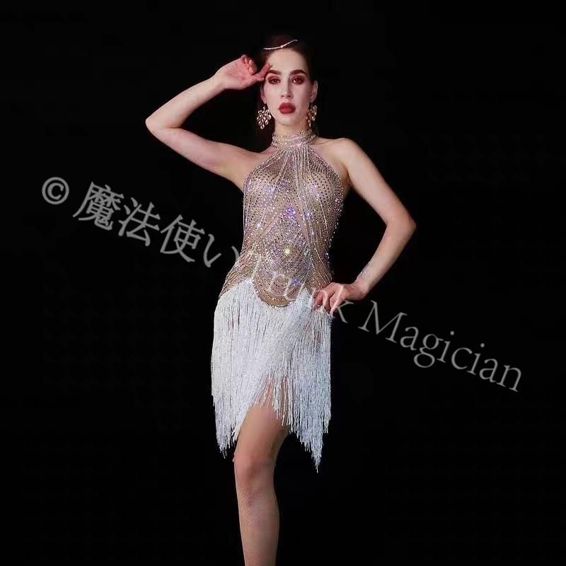 ♥ フリンジ＆チェーン ボディスーツ 歌手 ステージ衣装 パフォーマンスウェア シャンパンカラー