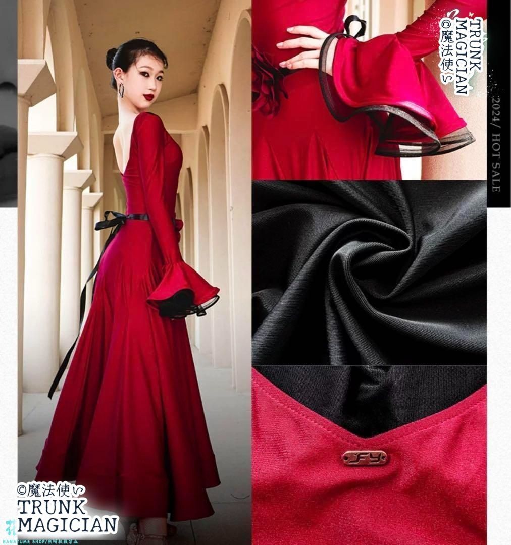 黒赤ダンスドレス 社交 モダンダンスドレス ワンピース ダンス洋服 撮影会 舞台 イベント