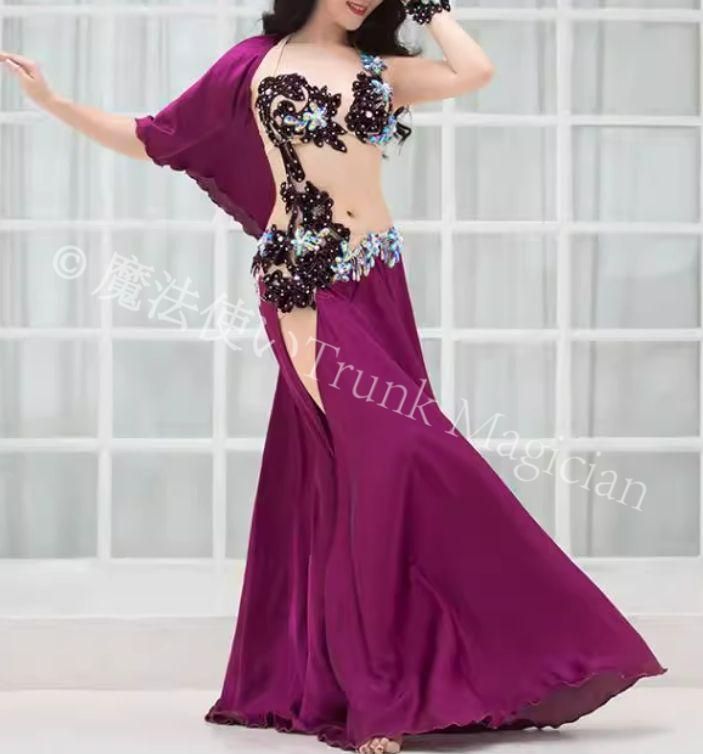♥ ベリーダンス衣装 上下セット スリーブ付き ブラ スカート パープル