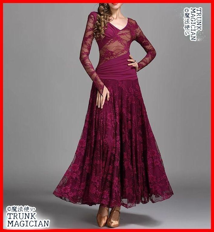 社交ダンスドレス モダンダンス 総レース ワインレッド グリーン オーダーメイド