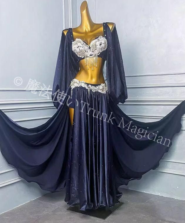 ♥ ベリーダンス オリエンタル衣装 ネイビー 刺繍 ブラ スカート オーダーメイド