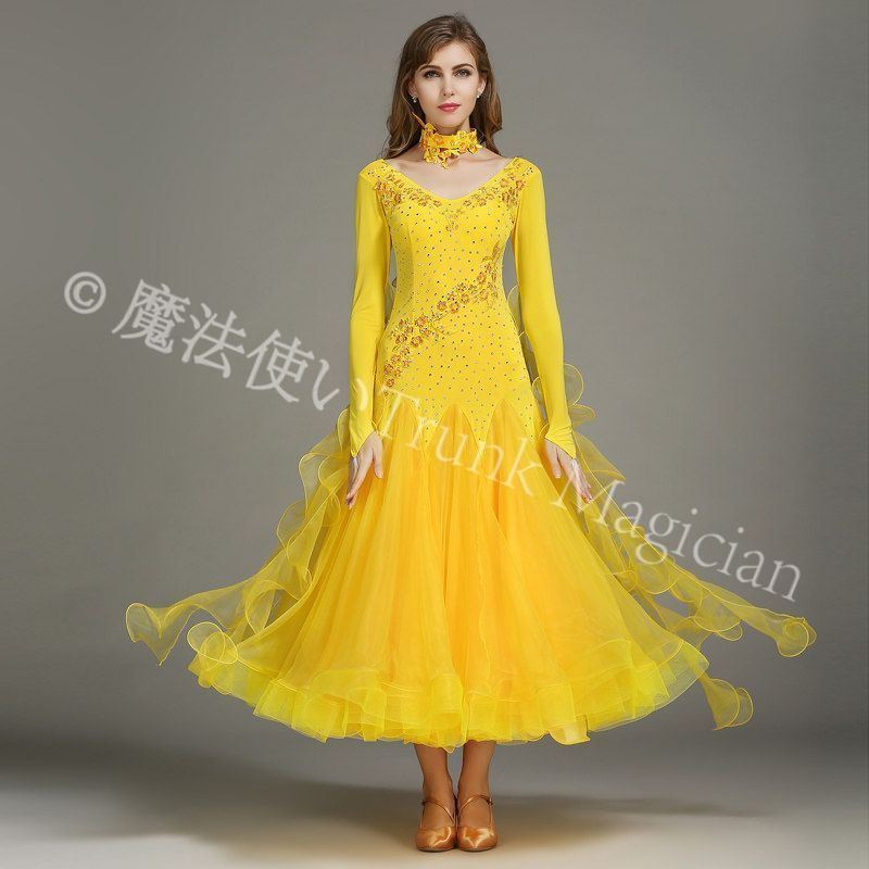 豪華モダンダンスドレス HB 195 ロング丈 社交ダンス ワルツドレス 競技会用ドレス 発表会 衣装 華やかフリル スパンコール装飾 展開 パーティードレス 撮影用 ステージ衣装 コスチューム イベント用