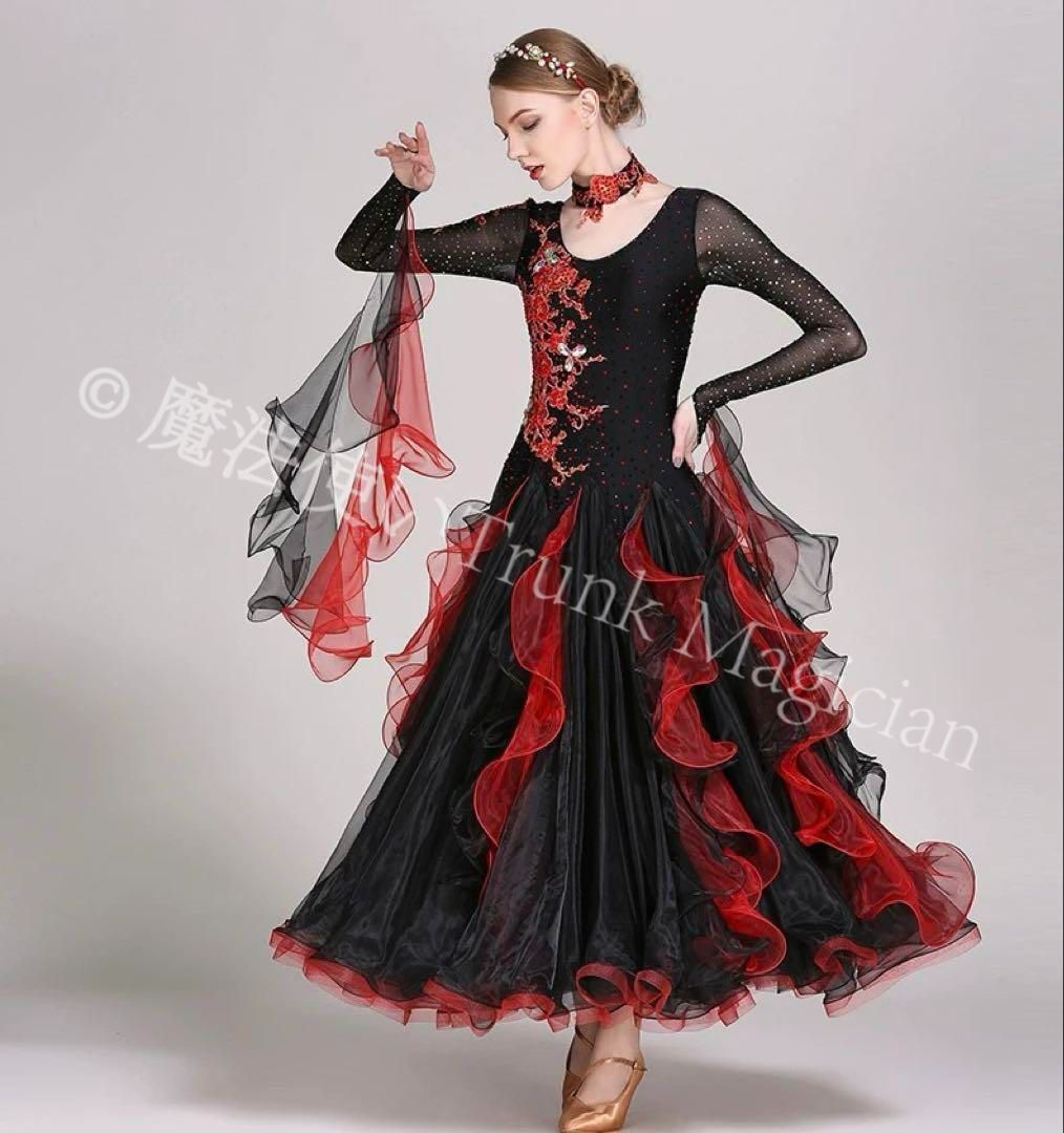  20 ドレス タンゴのデモに 黒×赤で情熱的 ドレス ダンス衣装 社交ダンス