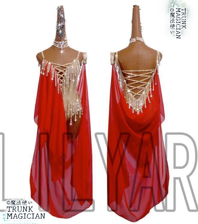 ラテンワンピースドレス 豪華 キラキラ レッド ゴールド オーダーメイド 撮影会 舞台 イベント