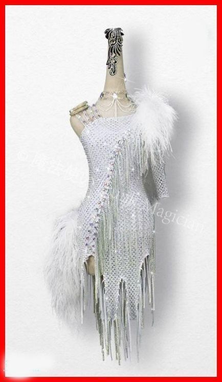 ラテンワンピースドレス 社交ダンス衣装 羽毛 ホワイトオーダーメイド