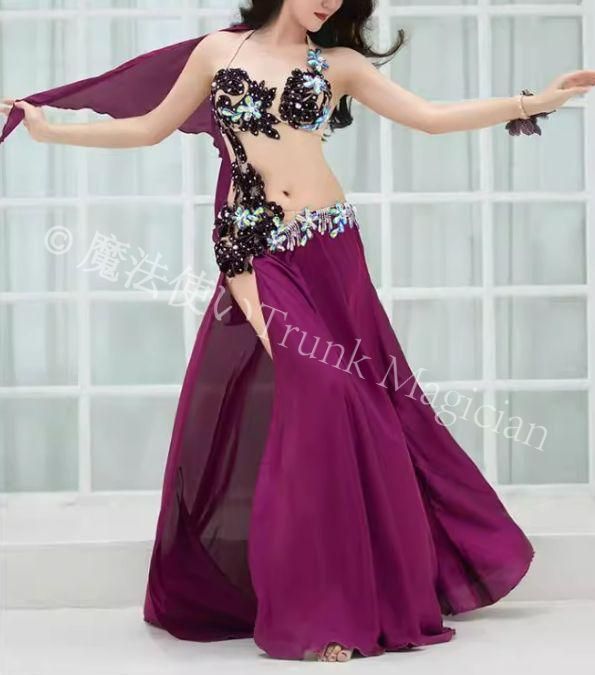 ベリーダンス衣装 上下セット スリーブ付き ブラ スカート パープル