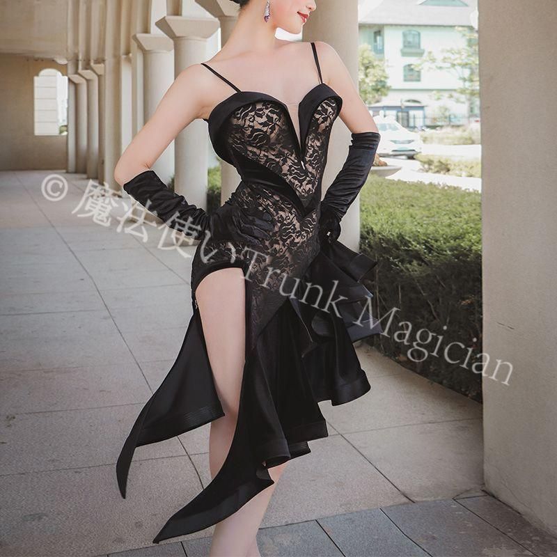 ♥ FY 定制 ラテンドレス ALW 267 レーススリットドレス サテンレース素材 ステージ衣装 含ベルベットグローブ S～XLサイズ カスタム可