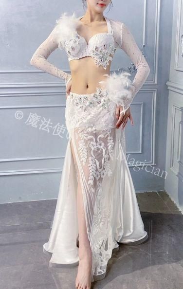 ベリーダンス オリエンタル衣装 羽根 セットアップ ホワイト オーダーメイド