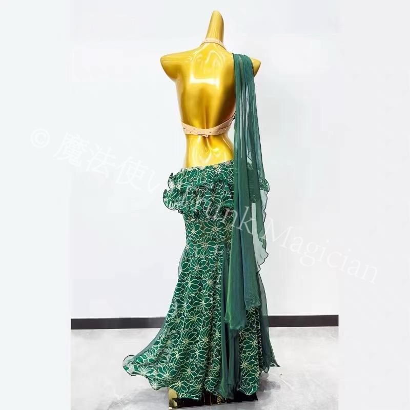 ベリーダンス衣装 上下セット ブラ スカート オーダーメイド 衣装用ロングドレスセット グリーン