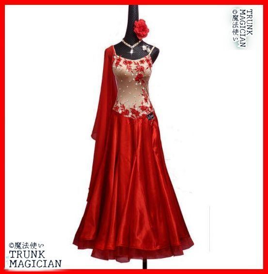 社交ダンスドレス モダンダンス 花 刺繍 レッド オーダーメイド