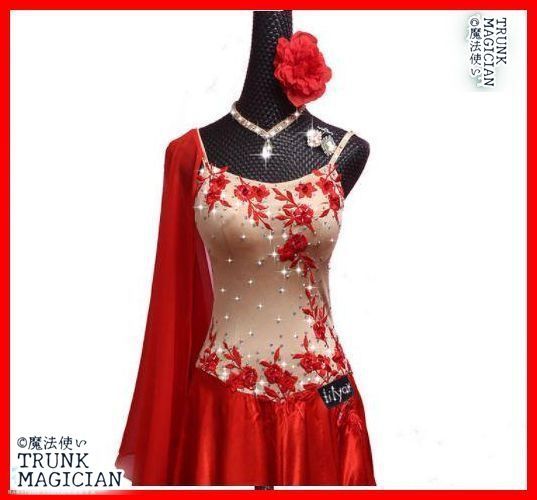  社交ダンスドレス モダンダンス 花 刺繍 レッド オーダーメイド ドレス ダンス衣装 社交ダンス