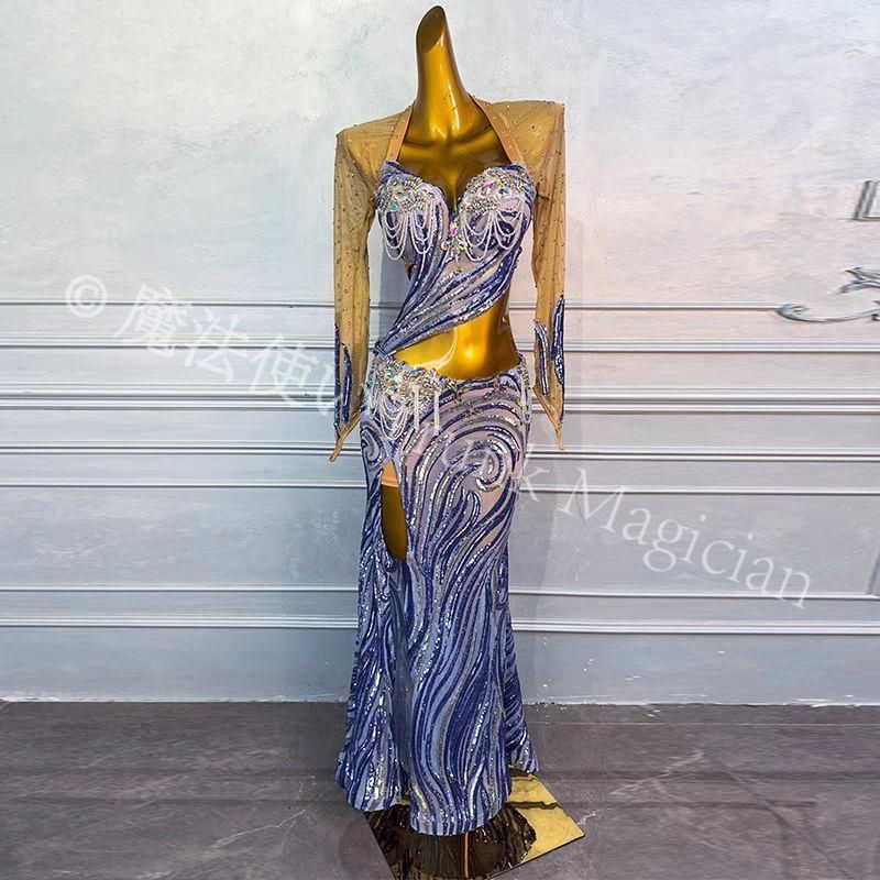  舞姿翼WZY 132 定制 ベリーダンス衣装 ブルー ステージドレス 長袖ブラトップ スリットスカート セットアップ M～Lサイズ カスタム ドレス ダンス衣装 社交ダンス