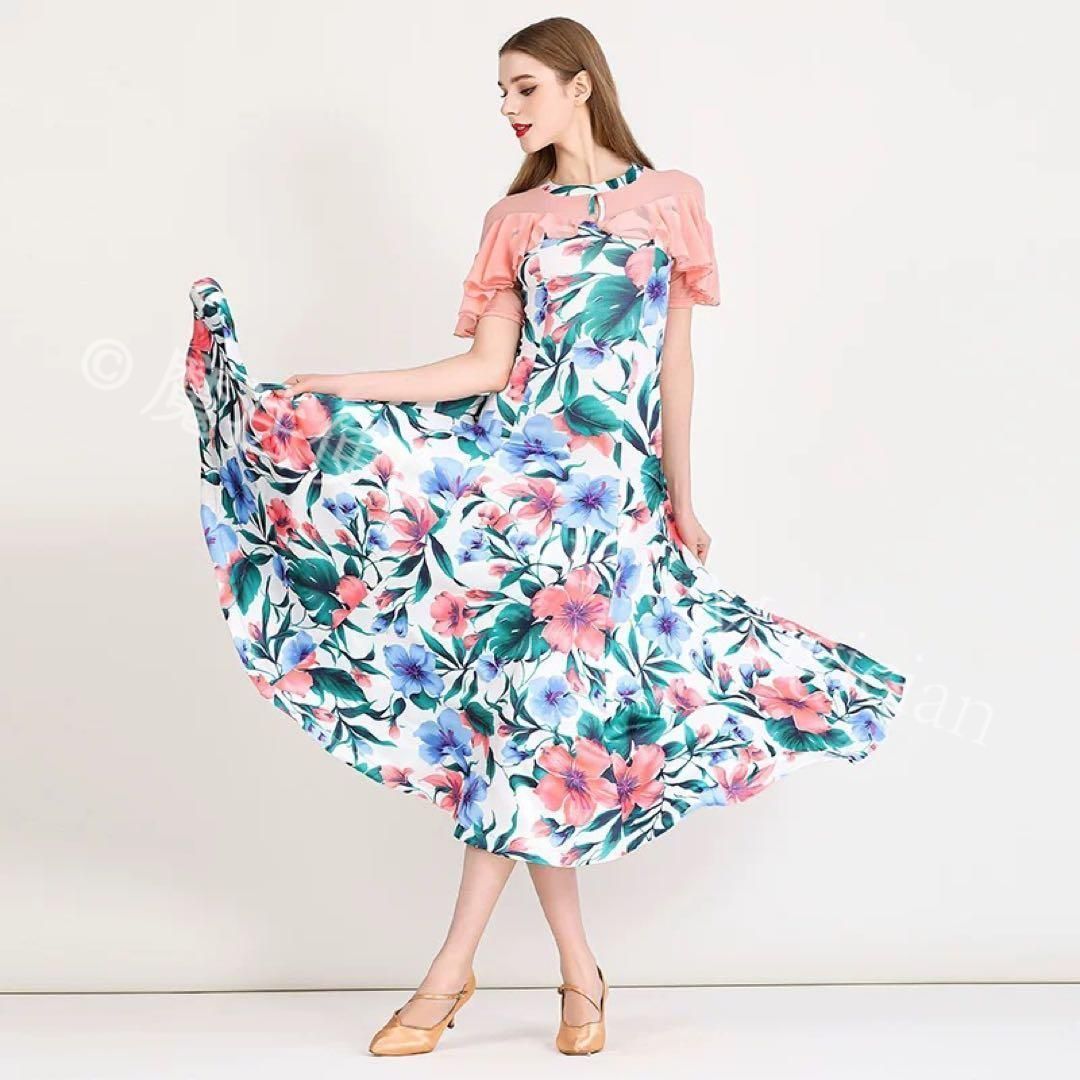  花柄 向きワンピース ダンスパーティーや発表会に レッスンウェア 社交ダンス