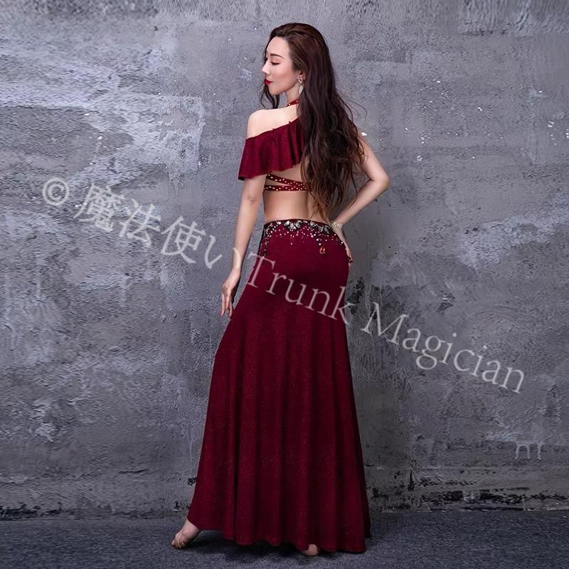 ビジューダイヤモンド ブラ付きロングドレス セクシーなベリーダンス ステージ衣装 セット ワインレッド
