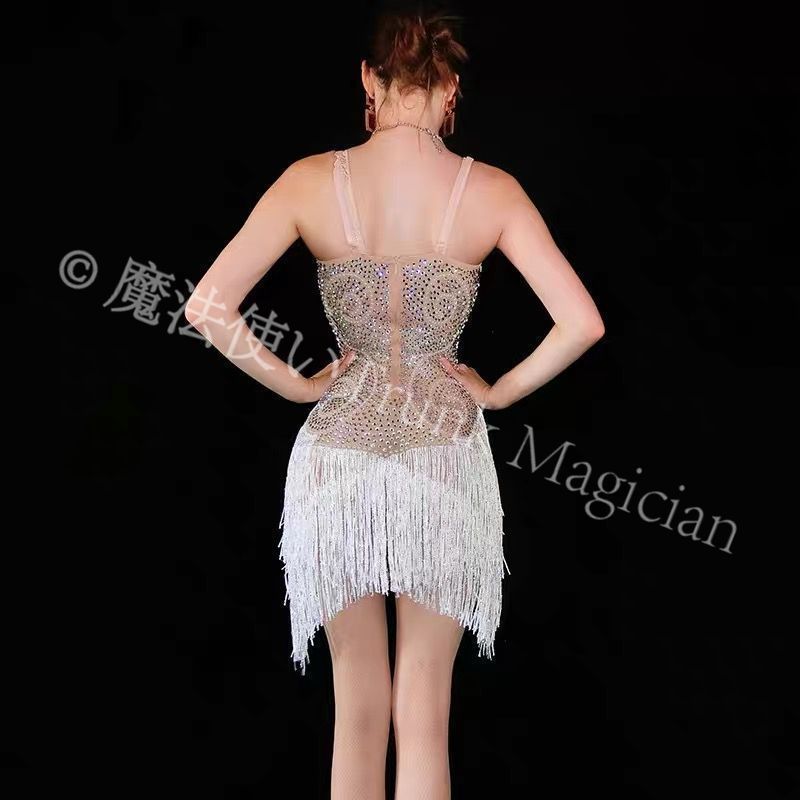 フリンジ＆チェーン ボディスーツ 歌手 ステージ衣装 パフォーマンスウェア シルバー