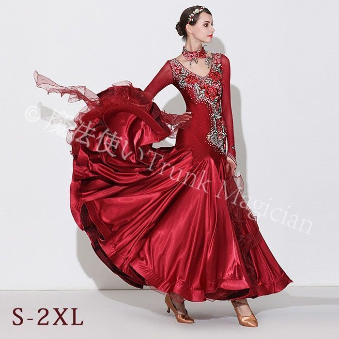 社交ダンスドレス フロート 上品 社交ダンス ドレス 社交ダンス衣装 ワンピース 長袖 広がる裾 花柄 レッスン着 発表会 競技着 練習着 演出用 ワルツ ロング丈 オールシーズン ワインレッド