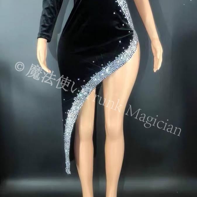 ♥ 社交ダンスドレス ベリーダンス衣装 ブラック ダイヤモンド クリスタル キラキラ ドレス セクシー エレガント パーティー イブニングガウン チュチュスカート ジュエリー