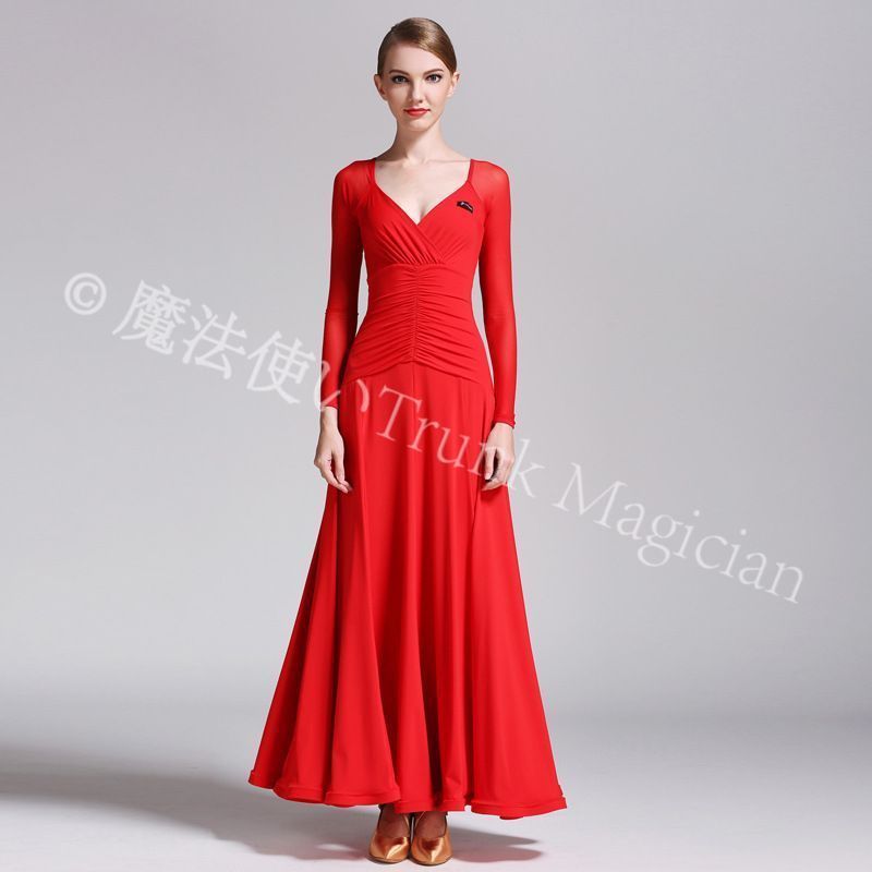 モダンダンスドレス S 9007 長袖 Vネック ロングドレス 牛乳シルク素材 社交ダンス ワルツ パーティードレス ブラック レッド ブルー グリーン ステージ衣装 撮影会用 コスチューム イベント用 レディース