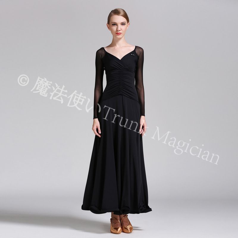 モダンダンスドレス S 9007 長袖 Vネック ロングドレス 牛乳シルク素材 社交ダンス ワルツ パーティードレス ブラック レッド ブルー グリーン ステージ衣装 撮影会用 コスチューム イベント用 レディース