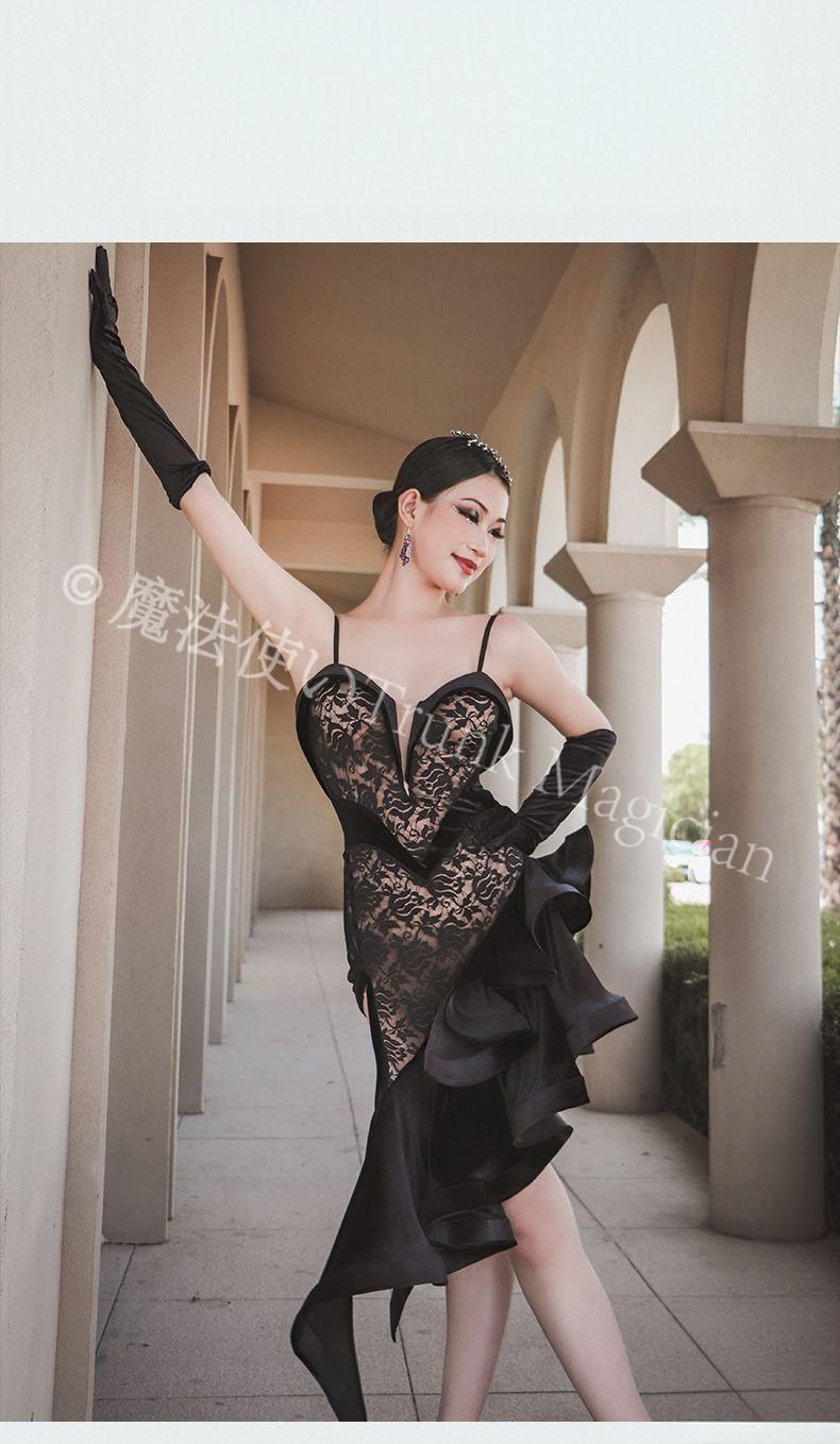 FY 定制 ラテンドレス ALW 267 レーススリットドレス サテンレース素材 ステージ衣装 含ベルベットグローブ S～XLサイズ カスタム可