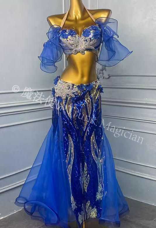 ベリーダンス衣装 ブラベルトスカートセット ブルー 青 オーダーメイド ベリーダンス衣装 ブラベルトスカートセット フレアスリーブ 水色