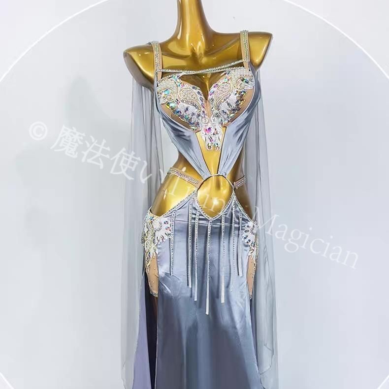 ベリーダンス オリエンタル衣装 刺繍 ブラ スカート オーダーメイド ステージ衣装 グレー セットアップ ベリーダンス ダンス バレエ