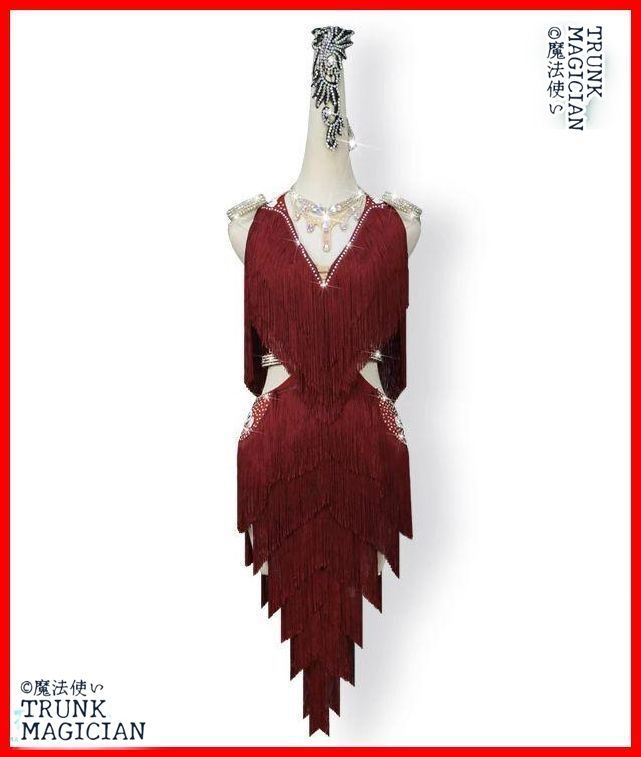 社交ダンス衣装 フリンジドレス ラテンワンピースドレス ワイン オーダーメイド