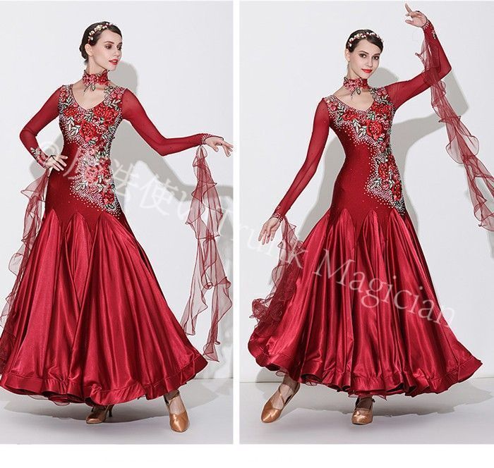 社交ダンスドレス フロート 上品 社交ダンス ドレス 社交ダンス衣装 ワンピース 長袖 広がる裾 花柄 レッスン着 発表会 競技着 練習着 演出用 ワルツ ロング丈 オールシーズン ワインレッド