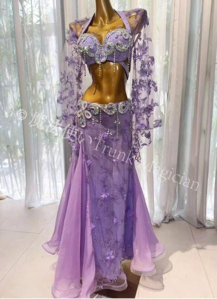 【新品未使用】ベリーダンス衣装 トップスブラ スカート 花柄刺繍 パープル オーダーメイド CWF1205P143