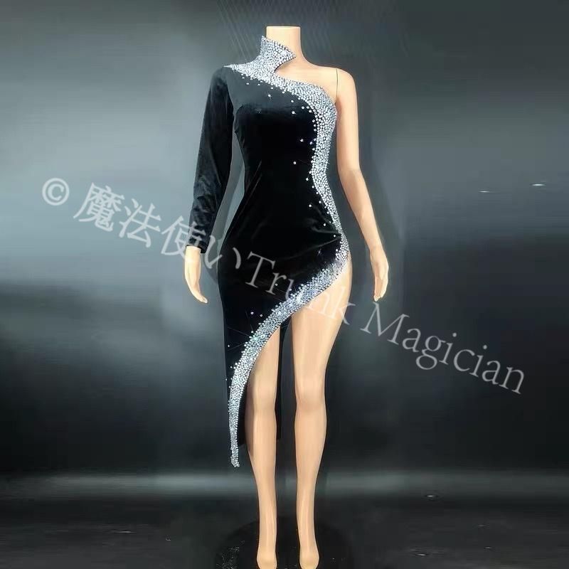 ♥ 社交ダンスドレス ベリーダンス衣装 ブラック ダイヤモンド クリスタル キラキラ ドレス セクシー エレガント パーティー イブニングガウン
