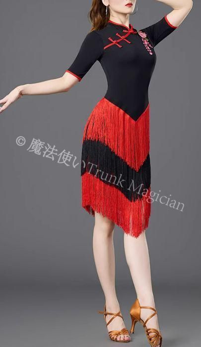 社交ダンスドレス ラテンドレス 半袖 フリンジ 競技 オーダーメイド