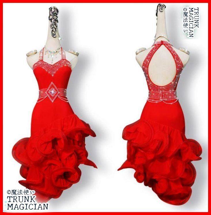 オーダーメイド 社交ダンス衣装 薔薇 レッド ラテンワンピース 新品未使用】社交ダンス衣装 ラテンワンピース ドレス レッド オーダー