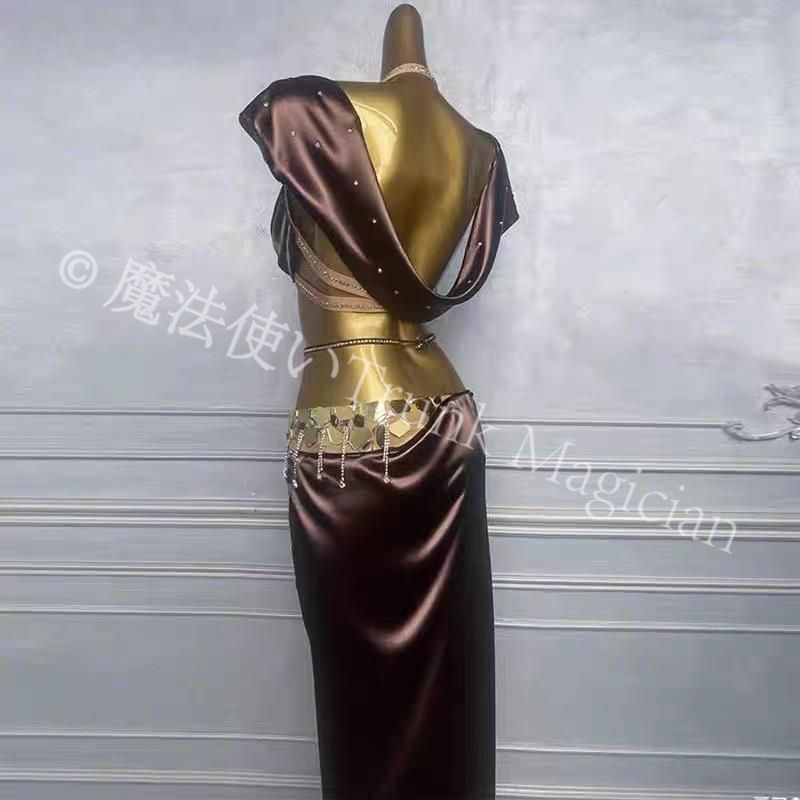 背中 ベリーダンス衣装 トップスブラ スカート 光沢 オーダーメイド ブラウン M L