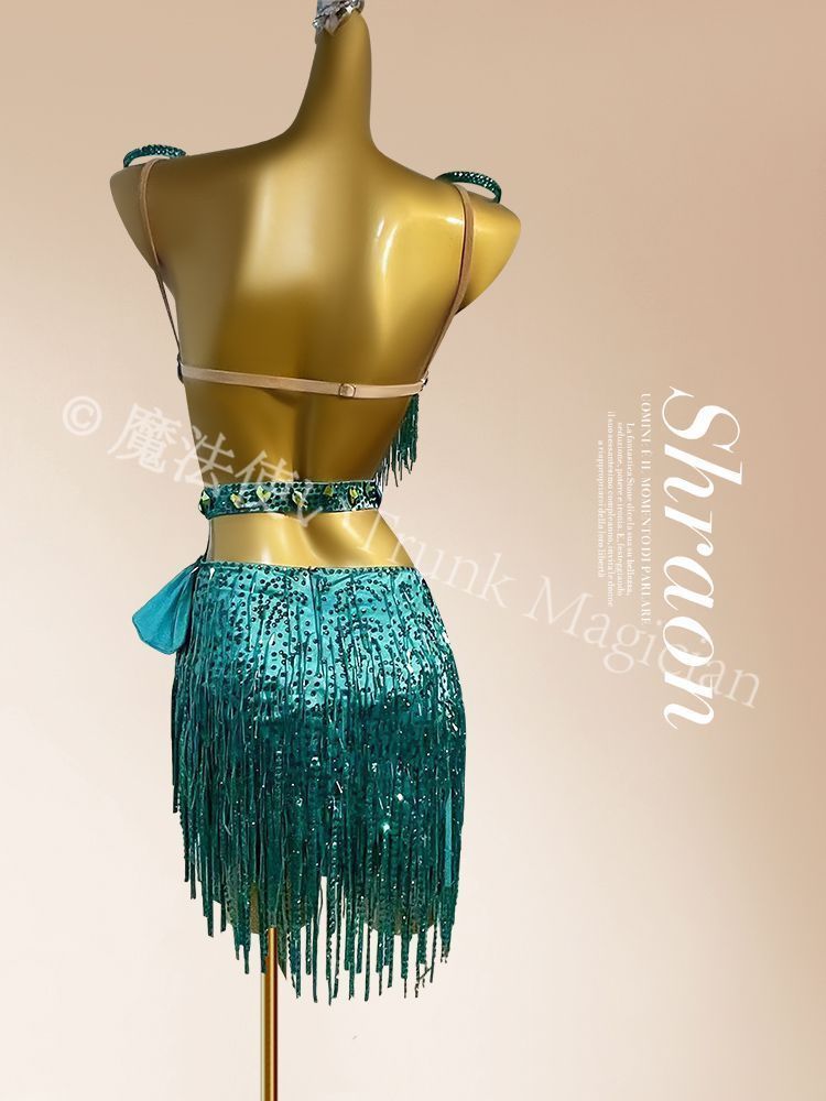 ラテン競技ドレス スパンコール装飾 ワンショルダー ダンス衣装 XS XXL対応 オーダーメイド可 社交ダンス コンクール 発表会 撮影用 イベント用