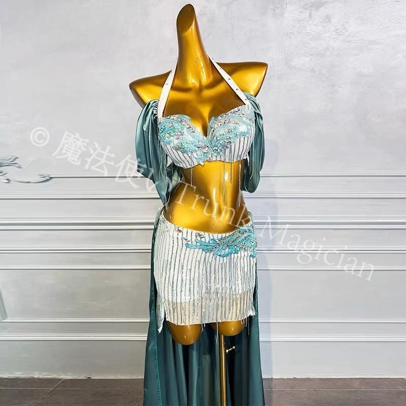 ♥ ベリーダンス オリエンタル衣装 トップス スカート オーダーメイド ステージ衣装 セクシー T 魅惑 大きいサイズ オープニングダンス グリーン 子供用バレエ用品 セットアップ 