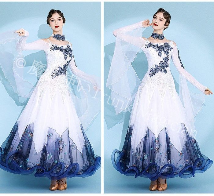 社交ダンスドレス フロート 上品 長袖 花柄 ロング丈 ワンピース 発表会 競技着 演出用 ワルツ ホワイト